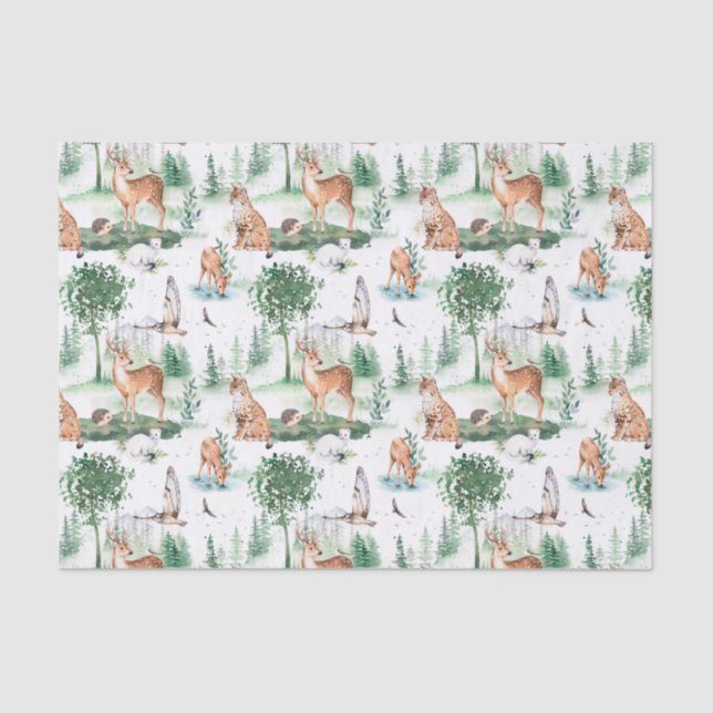 Watercolor Woodland Baby Animal Pattern Tissue Paper (Front)