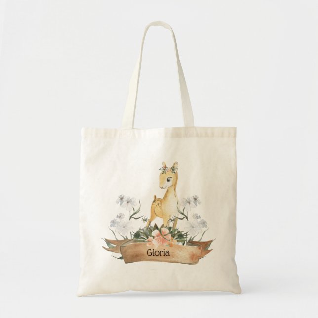 Watercolor Woodland Baby Fawn Custom Name Tote Bag (Front)