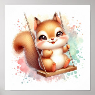 Watercolor Woodland Baby Squirrel Nursery Swing Poster