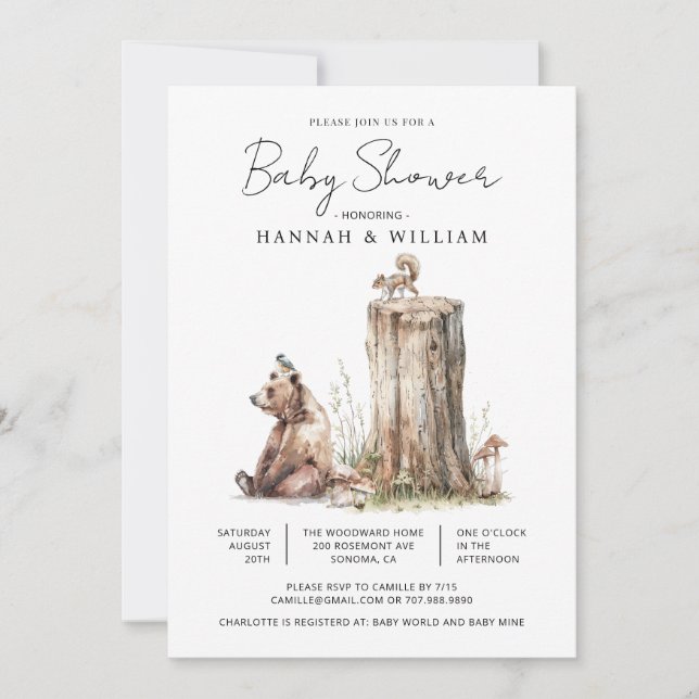 Watercolor Woodland Bear Baby Shower Invitation (Front)