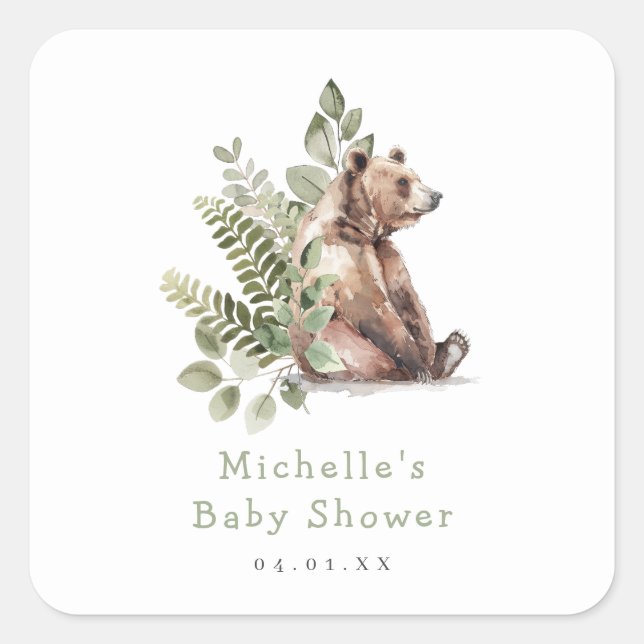 Watercolor Woodland Bear Baby Shower Square Sticker (Front)