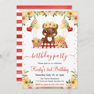 Watercolor Woodland Bear Picnic Birthday Invitation