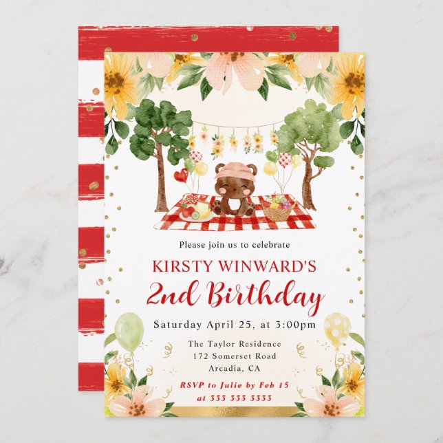 Watercolor Woodland Bear Picnic Kids Birthday Invitation (Front/Back)