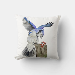 Watercolor woodland bird blue jay cushion