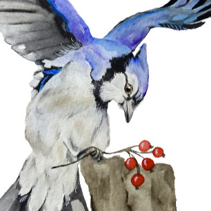 Watercolor woodland bird blue jay round clock