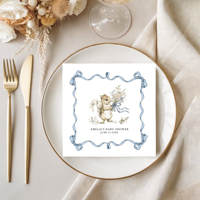 Watercolor Woodland Blue Bow Squirrel Baby Shower Napkin (Creator Uploaded)