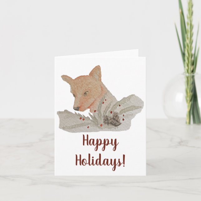 Watercolor Woodland Christmas Fox Holiday Card (Front)