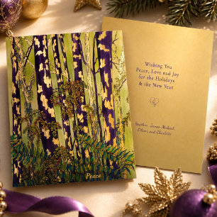 Watercolor Woodland Christmas Peace Message Gold Foil Holiday Card