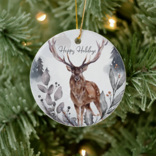 Watercolor Woodland Deer Happy Holidays  Ceramic Ornament