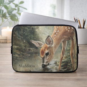 Watercolor Woodland Deer Nature Name Laptop Sleeve