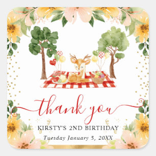 Watercolor Woodland Deer Picnic Birthday Square Sticker