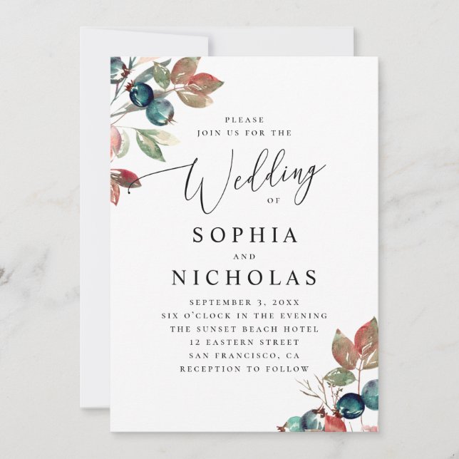 Watercolor woodland floral fall berry wedding invitation (Front)