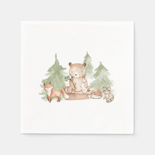 Watercolor Woodland Forest Animals Baby Shower Napkin (Front)
