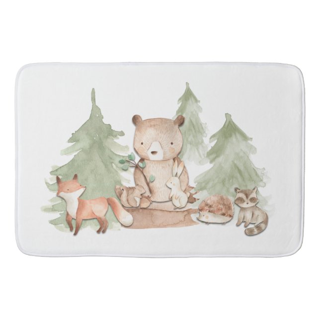 Watercolor Woodland Forest Animals Cute Kids Bath Mat (Front)