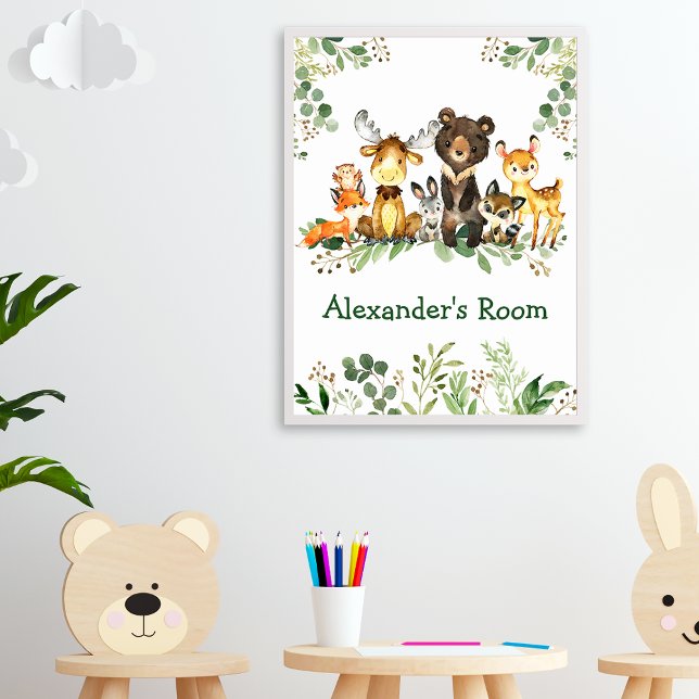 Watercolor Woodland Forest Animals Greenery Poster (Choose your text color, text style and custom size poster.)