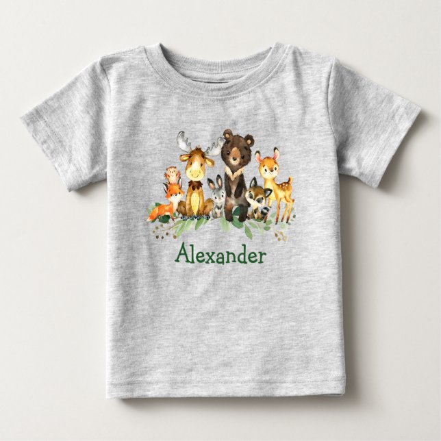 Watercolor Woodland Forest Animals Grey Baby T-Shirt (Front)