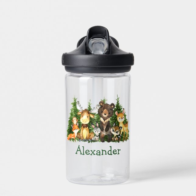 Watercolor Woodland Forest Animals Trees Water Bottle (Front)