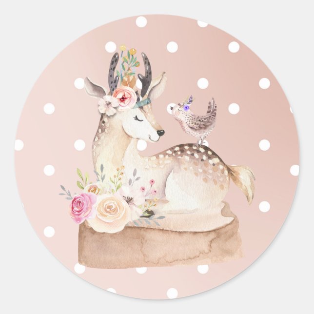 Watercolor Woodland Forest Deer & Bird Baby Shower Classic Round Sticker (Front)