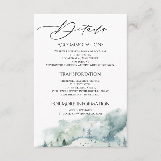 Watercolor Woodland Forest Details Accommodations Enclosure Card (Front)