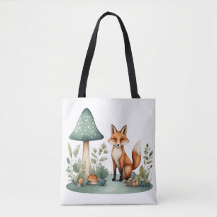 Watercolor Woodland Forest Fox and Mushrooms Tote Bag