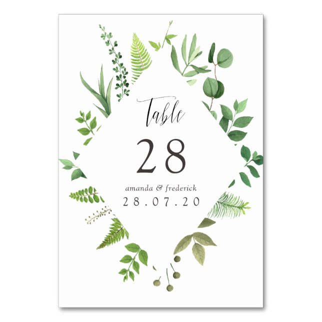 Watercolor Woodland Forest Greenery Wedding Table Number (Front)