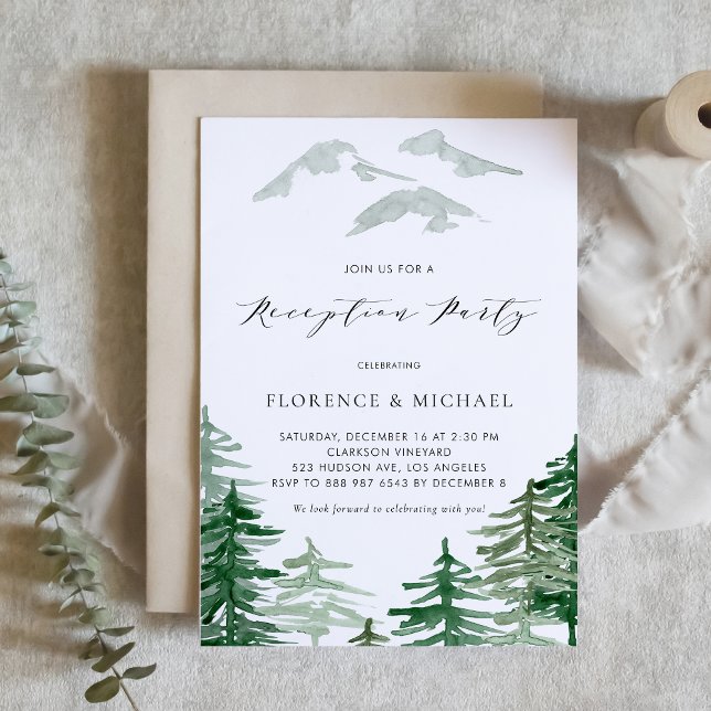 Watercolor Woodland Forest Reception Party Invitation (Woodland theme wedding reception party invitation featuring watercolor forest scenery.)