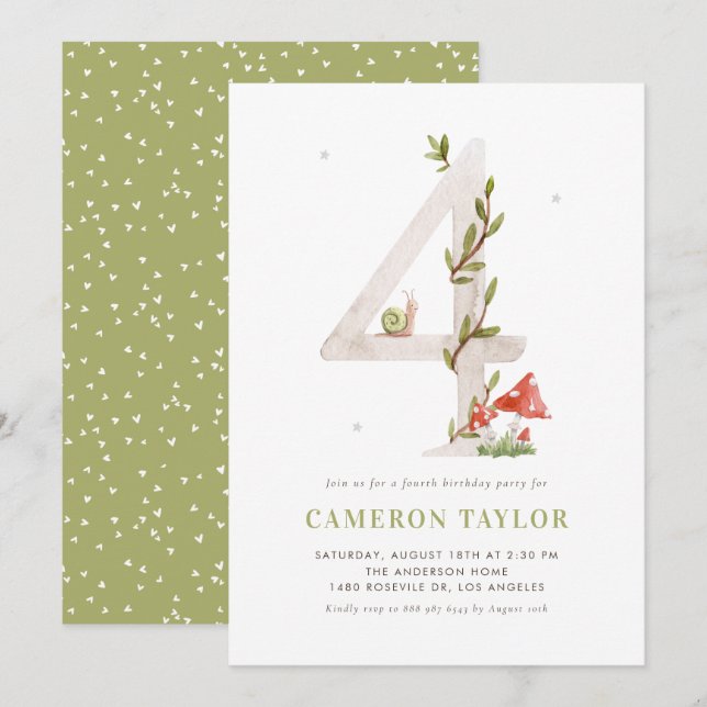 Watercolor Woodland Fourth Birthday Party Invitation (Front/Back)
