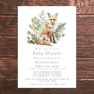 Watercolor Woodland Fox Baby Shower Invitation