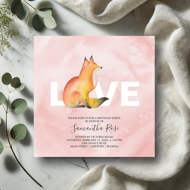 Watercolor Woodland Fox Birthday Party (Valentines birthday invitations watercolor fox art by Victoria Grigaliunas Do Tell A Belle)