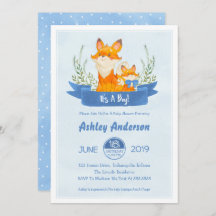 Watercolor Woodland Fox Boy Baby Shower Invitation