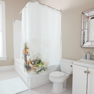 Watercolor woodland fox forest landscape shower curtain