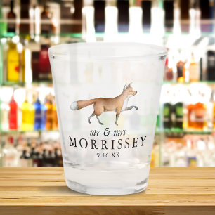 Watercolor Woodland Fox Mr and Mrs Wedding Shot Glass