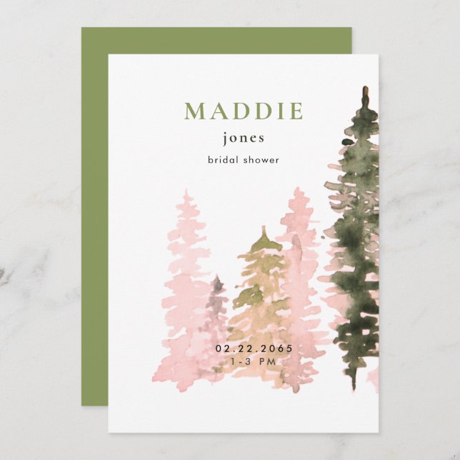 Watercolor Woodland Green Bridal shower Invitation (Front/Back)