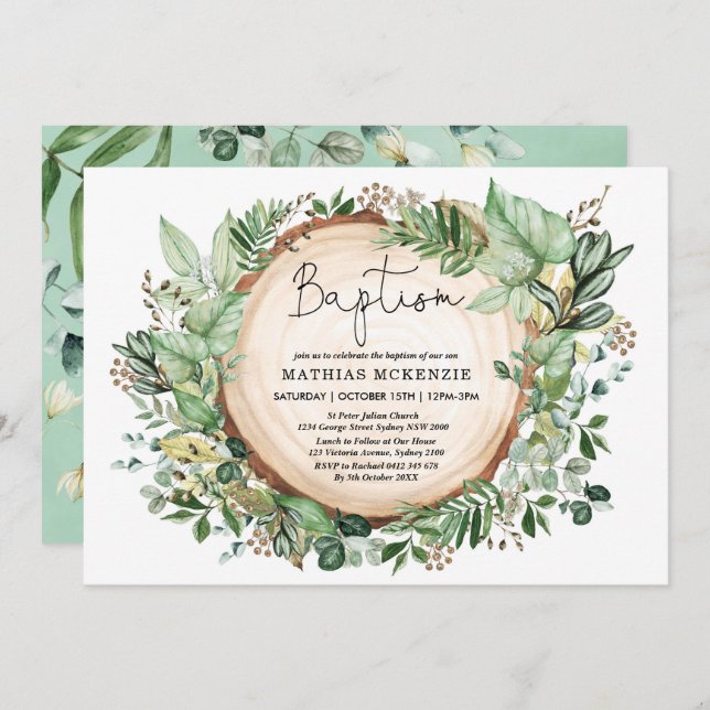 Watercolor Woodland Greenery Baptism Christening Invitation (Front/Back)