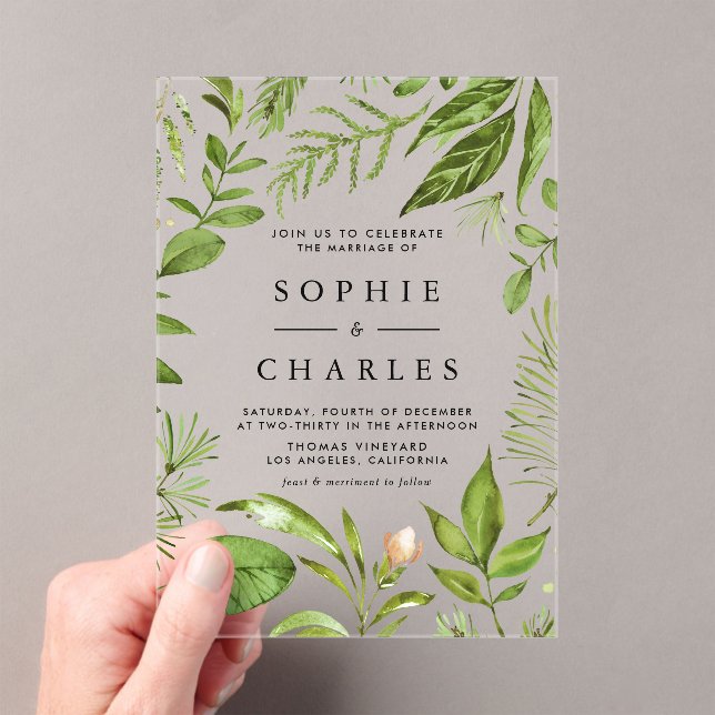 Watercolor Woodland Greenery Frame Wedding Acrylic Invitations (Insitu (Handheld))