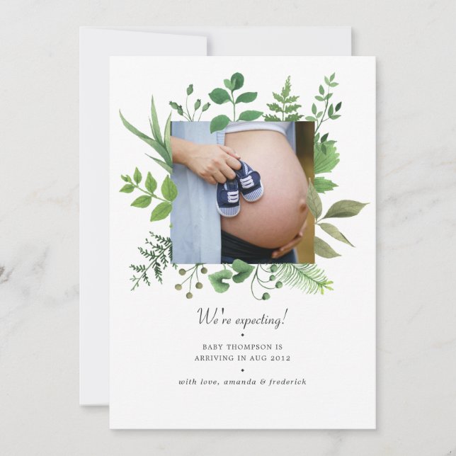 Watercolor Woodland Greenery Photo Pregnancy Announcement (Front)