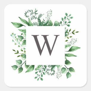 Watercolor woodland greenery wedding monogram square sticker