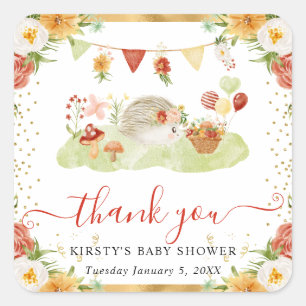 Watercolor Woodland Hedgehog Baby Shower Square Sticker