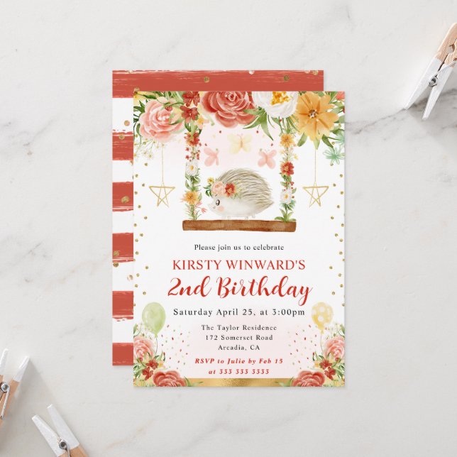 Watercolor Woodland Hedgehog Kids Birthday Invitation (Front/Back In Situ)