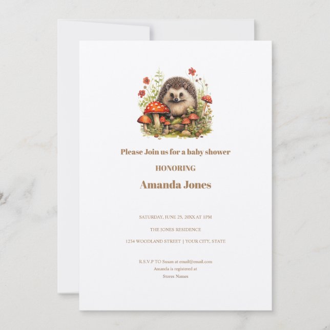Watercolor Woodland Hedgehog Mushrooms Baby Shower Invitation (Front)