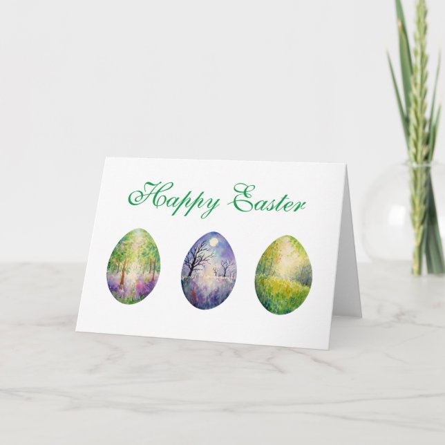 Watercolor Woodland Landscape Easter Egg Card (Front)