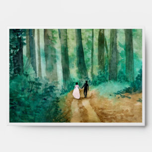 Watercolor woodland landscape with forest road envelope