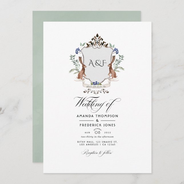 Watercolor Woodland Laurel Crest Monogram Wedding  Invitation (Front/Back)