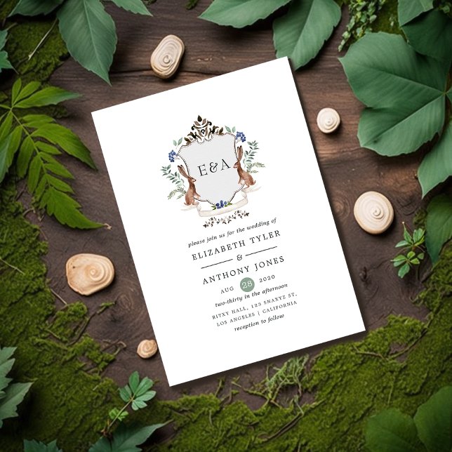 Watercolor Woodland Laurel Crest Monogram Wedding Invitation (Creator Uploaded)