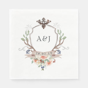 Watercolor Woodland Laurel Crest Monogram Wedding Napkin