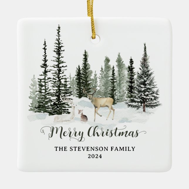 Watercolor Woodland Merry Christmas Photo Ceramic Ornament (Front)