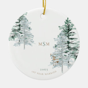 Watercolor Woodland Monogram 1st Year Married Ceramic Ornament