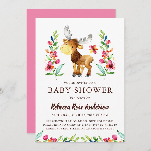 Watercolor Woodland Moose Baby Shower Invitation (Front/Back)