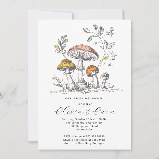 Watercolor Woodland Mushrooms Baby Shower Invitation (Front)