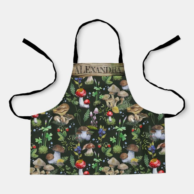 Watercolor Woodland Mushrooms Moss Pattern Name Ap Apron (Front)